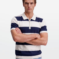 Navy Block Stripe Zip Polo Shirt