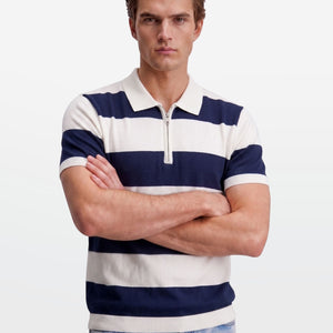 Navy Block Stripe Zip Polo Shirt