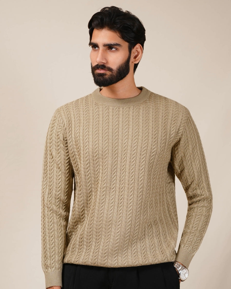 Man wearing a beige cable knit sweater against a plain background