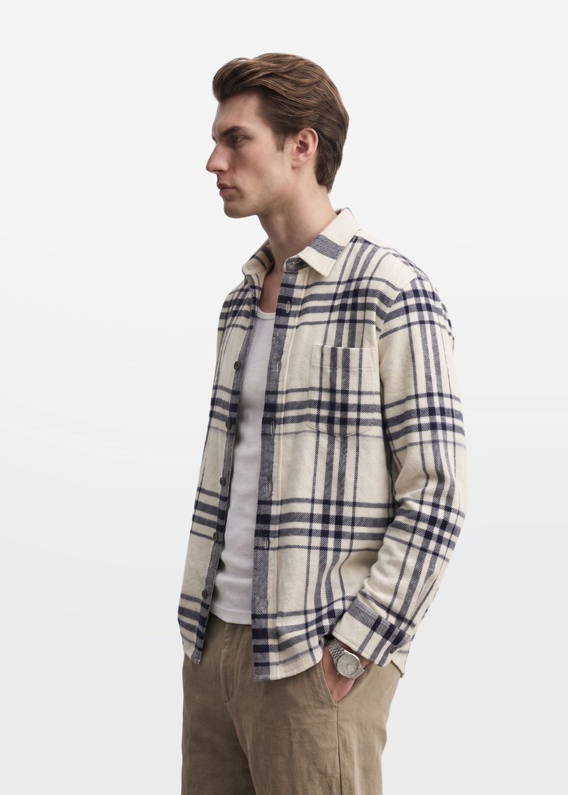 Cream Navy Plaid Flannel Overshirt — Men's Layering Shirt | Eagle Ray