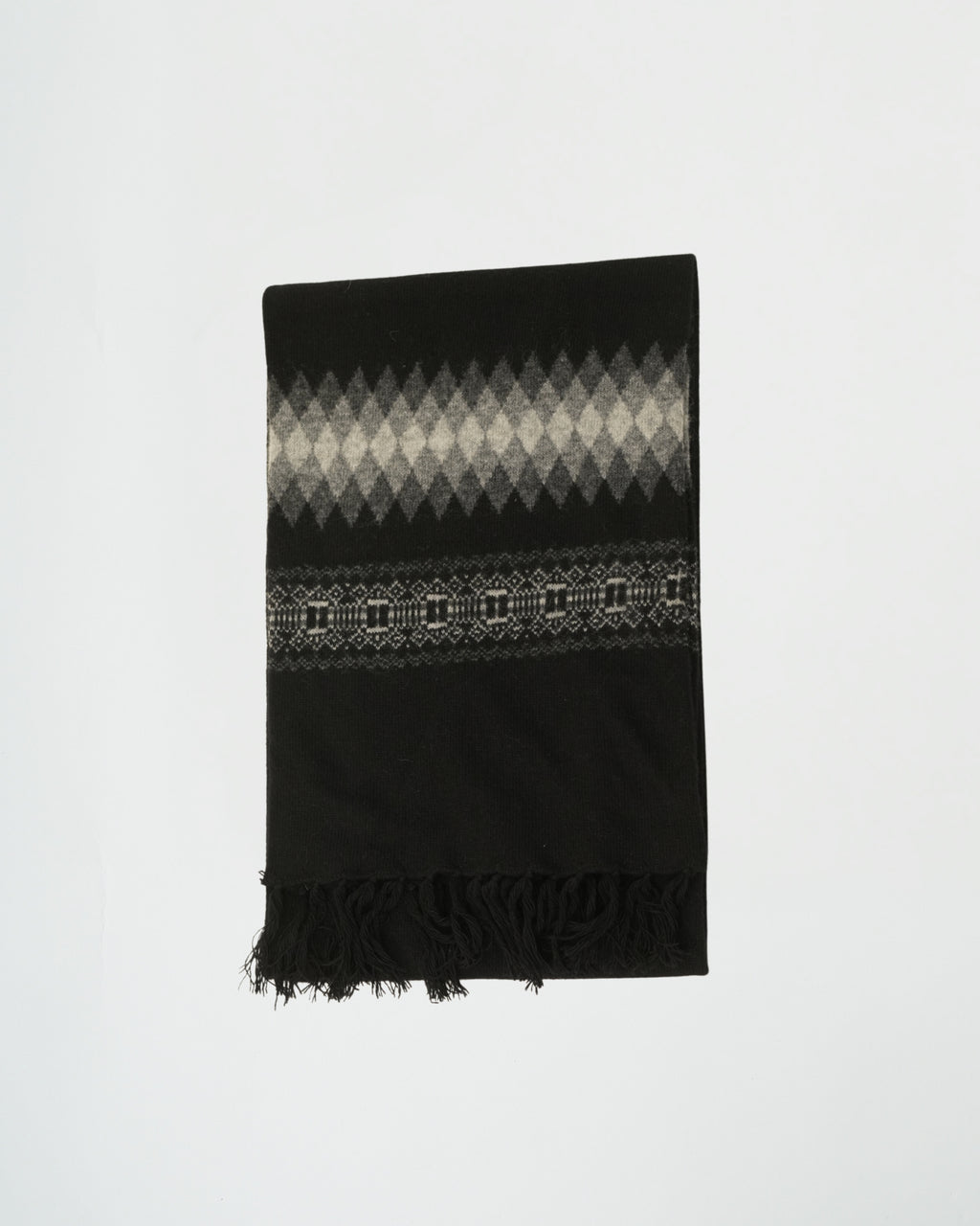 Black scarf with a patterned design on a white background