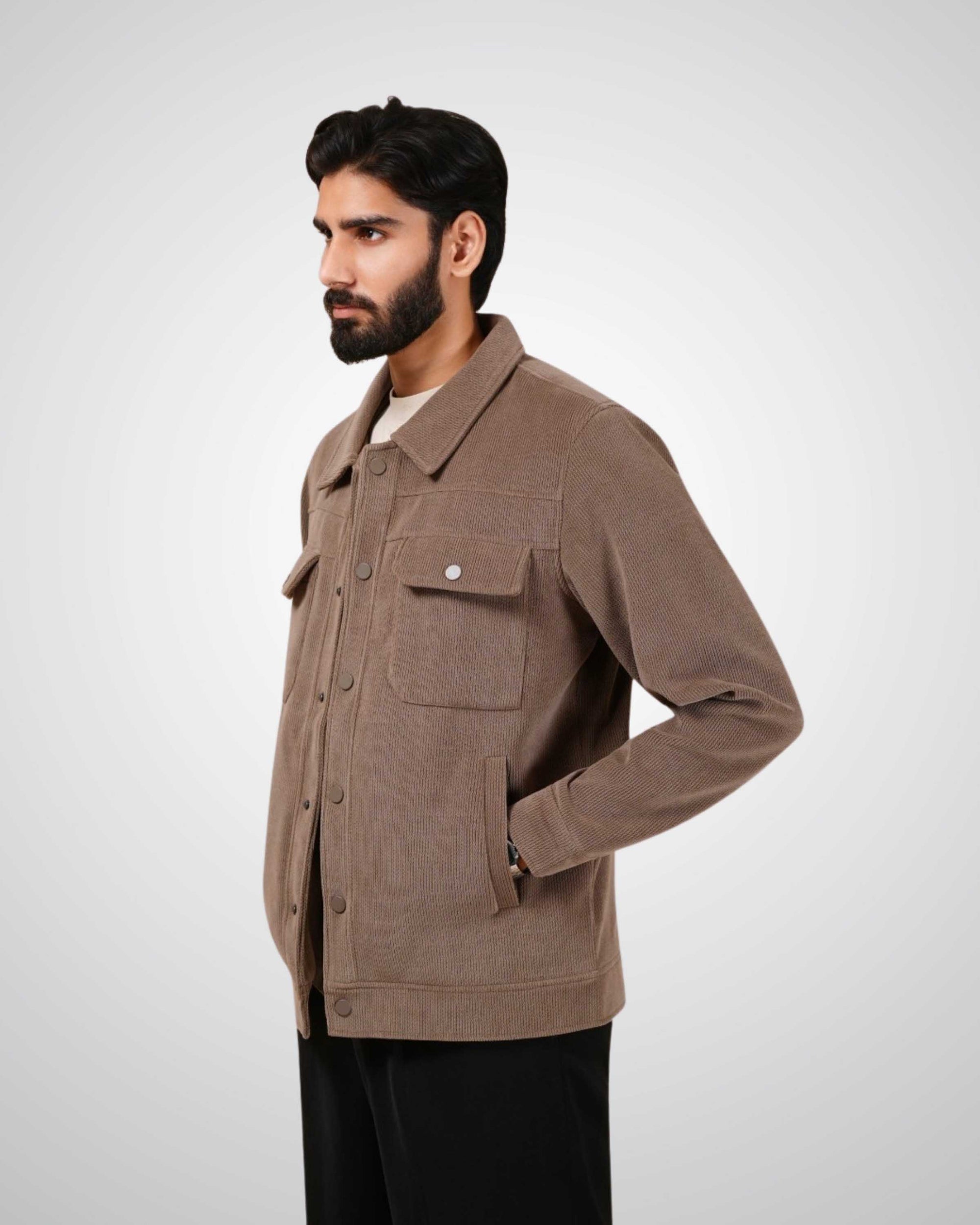 Man wearing a brown jacket on a white background