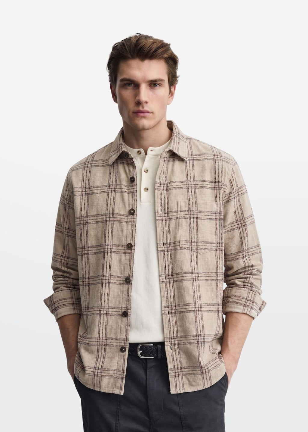 Slub Overshirt in Oatmeal — Men's Check Layering Shirt | Eagle Ray
