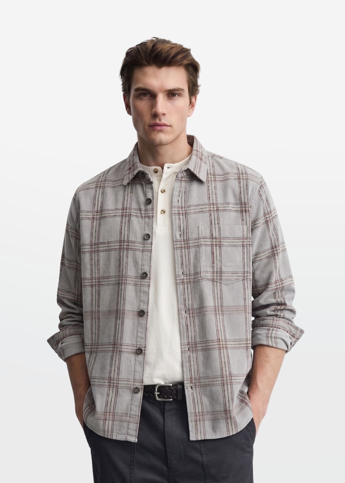 Grey Slub Check Overshirt — Men's Check Layering Shirt | Eagle Ray