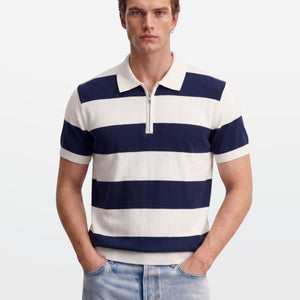 Navy Block Stripe Zip Polo Shirt