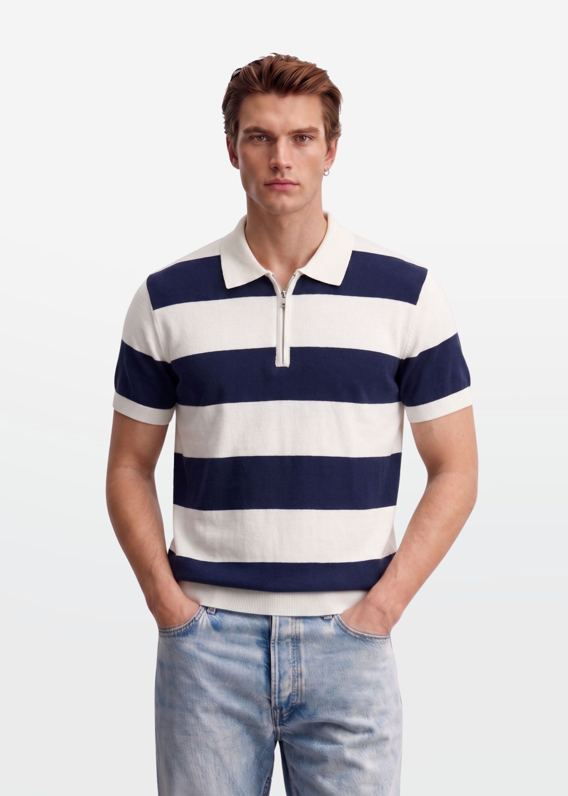 Navy Block Stripe Zip Polo Shirt