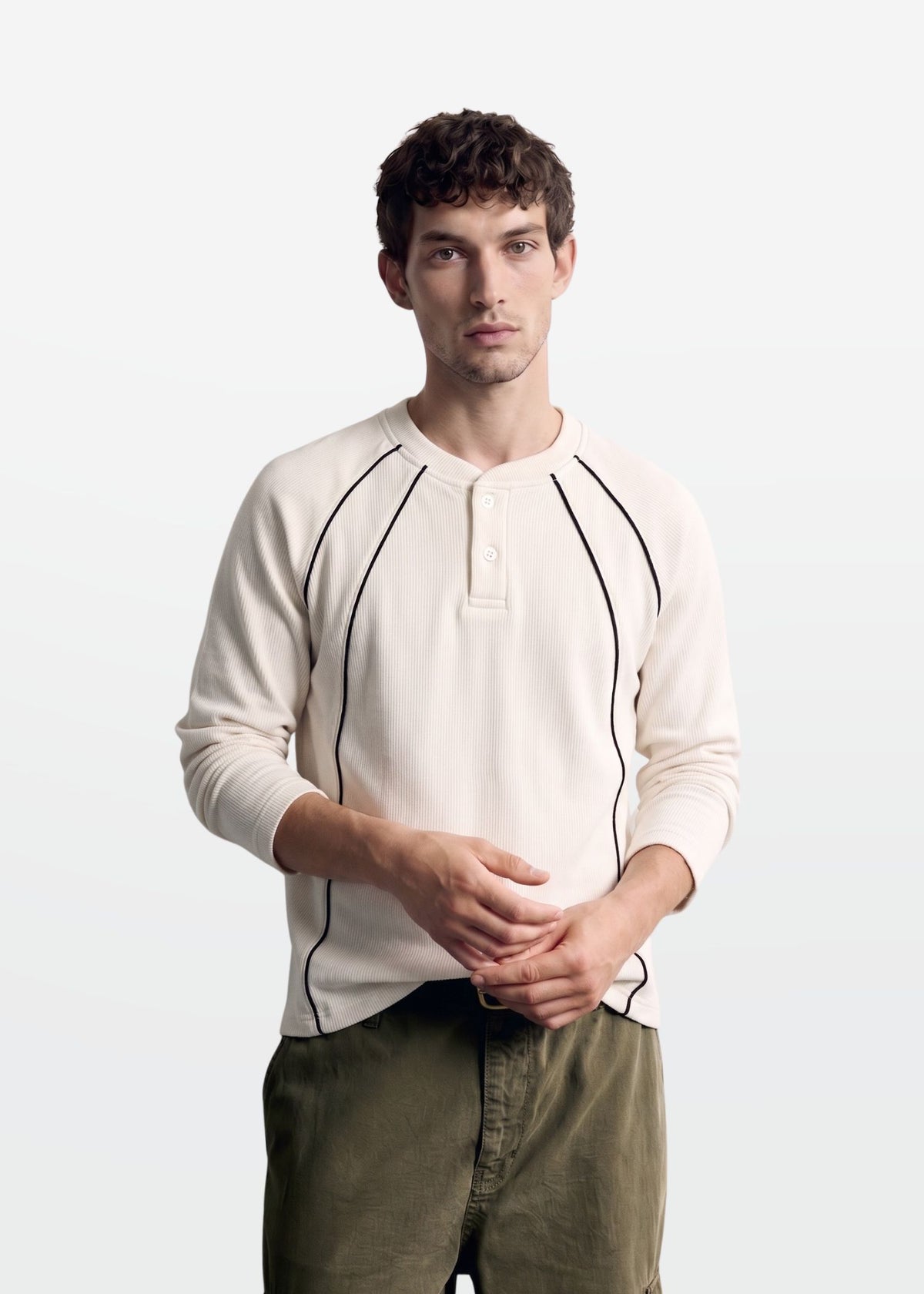 Cream Black Piped Ribbed Henley — Men's Ribbed Henley India | Eagle Ray