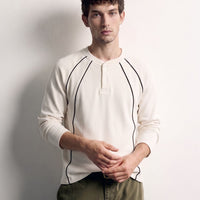 Cream Black Piped Ribbed Henley
