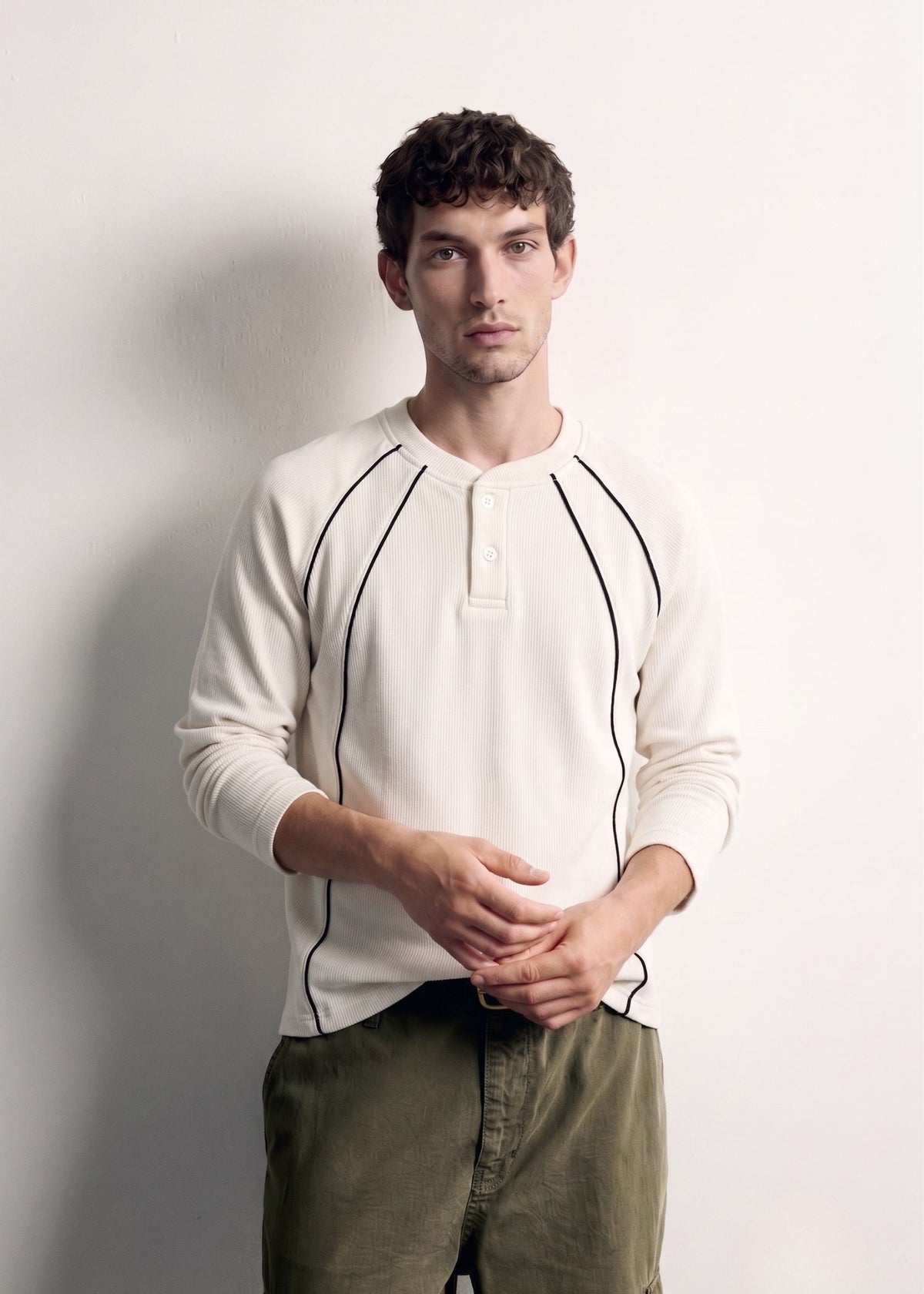 Cream Black Piped Ribbed Henley — Men's Ribbed Henley India | Eagle Ray