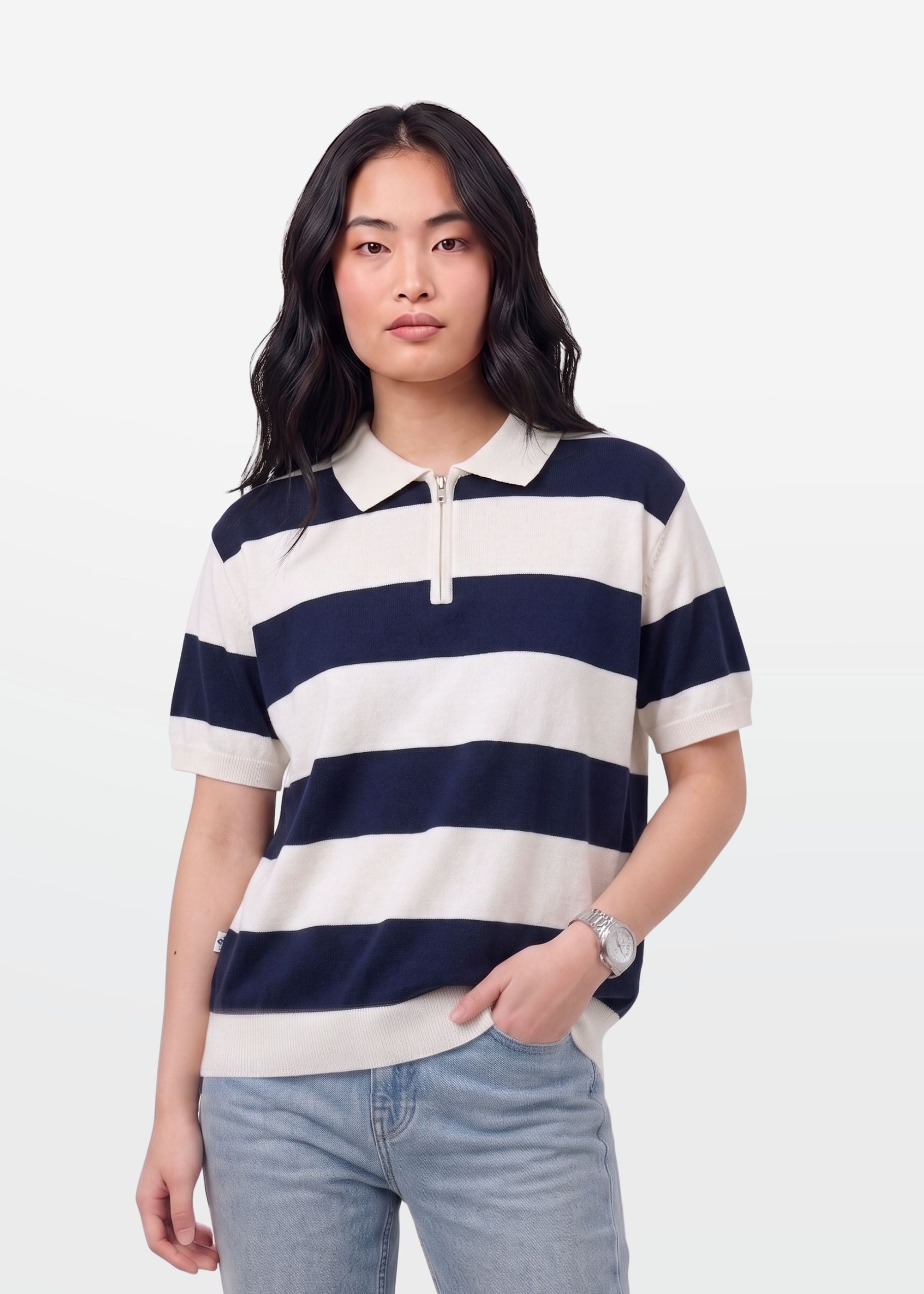 Navy Block Stripe Zip Polo Shirt