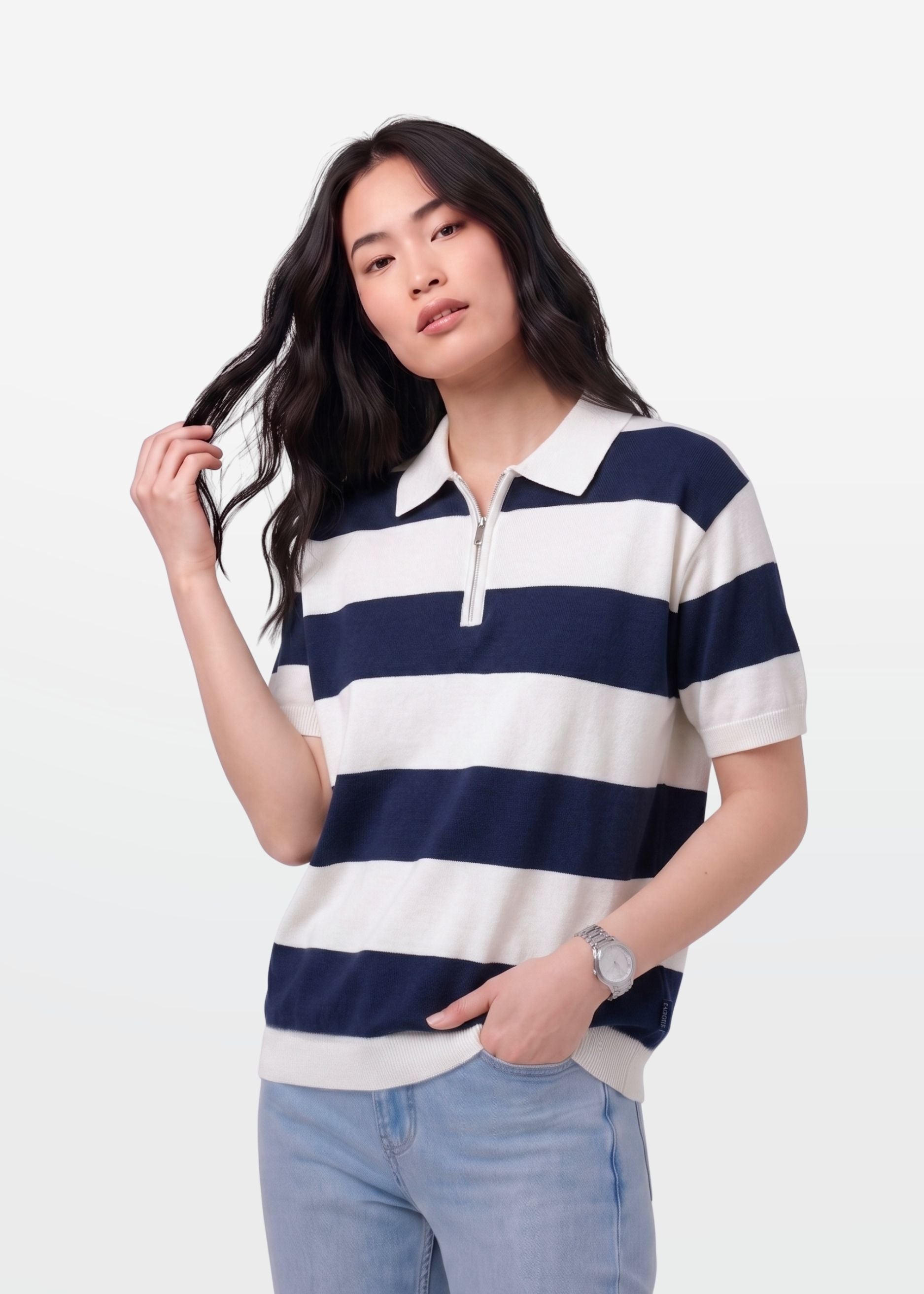 Navy Block Stripe Zip Polo Shirt