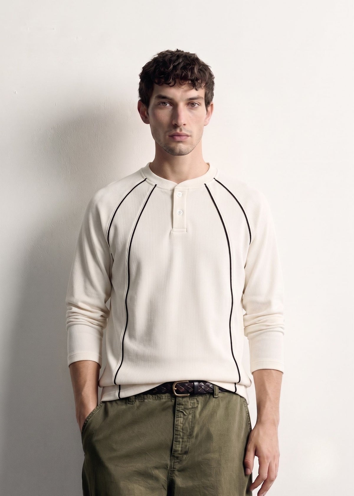 Cream Black Piped Ribbed Henley — Men's Ribbed Henley India | Eagle Ray