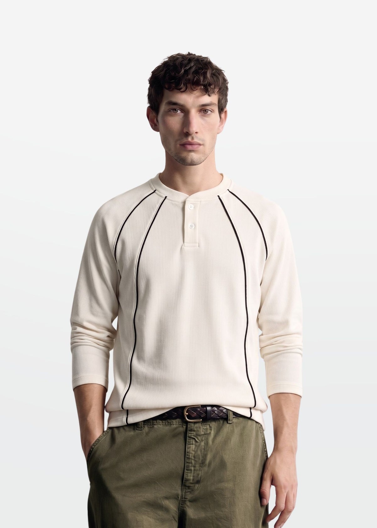 Cream Black Piped Ribbed Henley