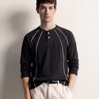 Black Cream Piped Ribbed Henley