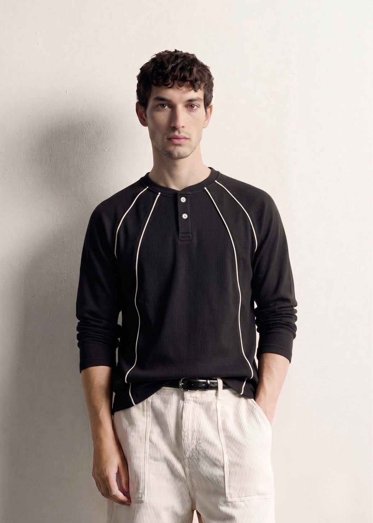 Black Cream Piped Ribbed Henley — Men's Ribbed Henley India | Eagle Ray