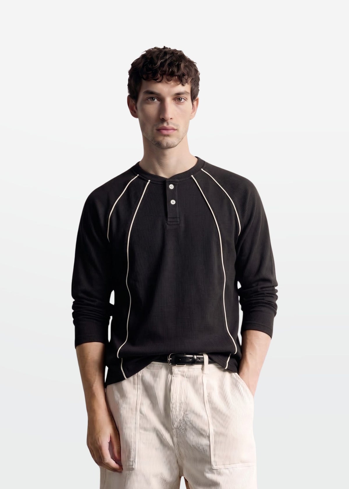 Black Cream Piped Ribbed Henley — Men's Ribbed Henley India | Eagle Ray