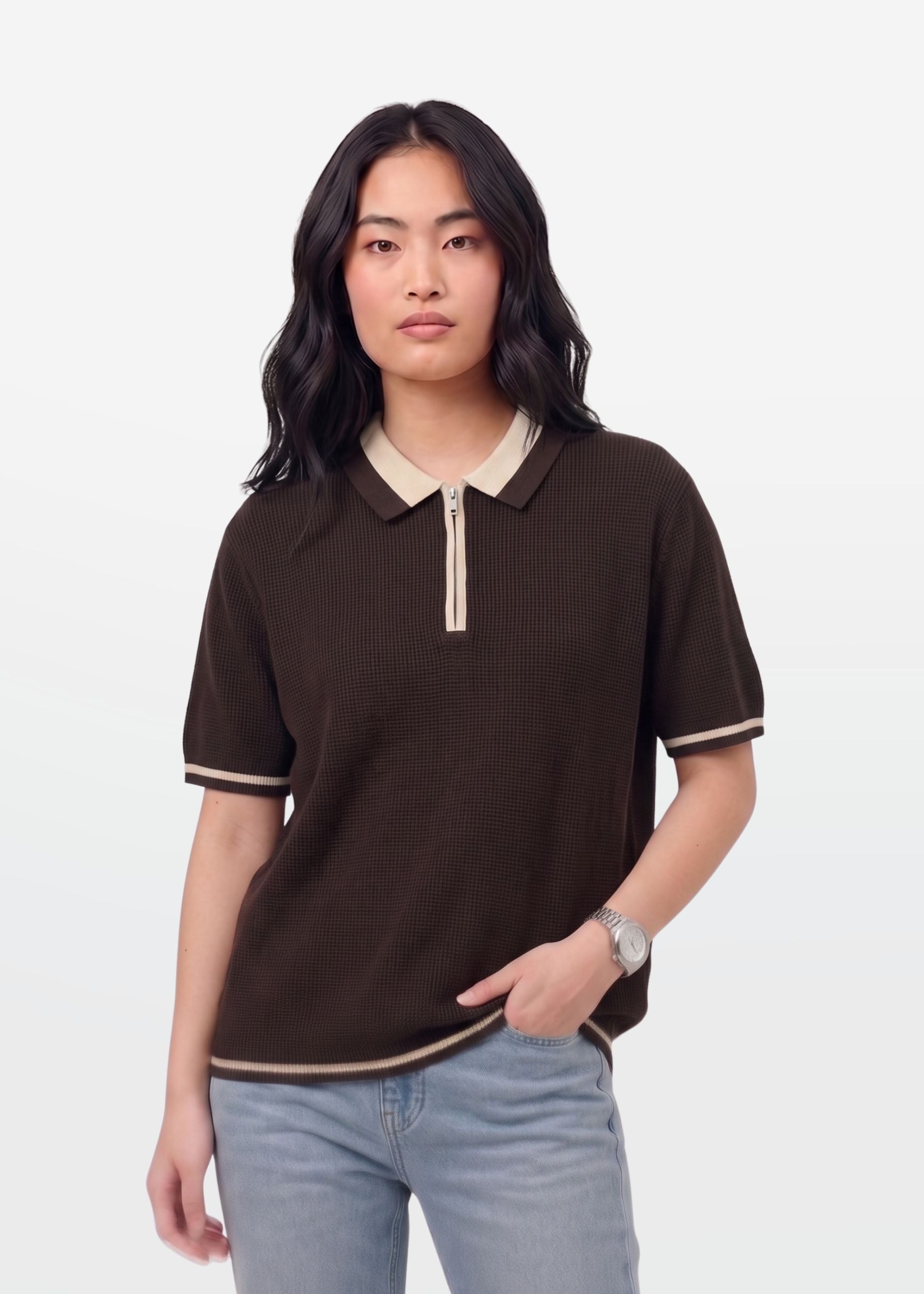 Dark Chocolate Tipped Zip Polo Shirt