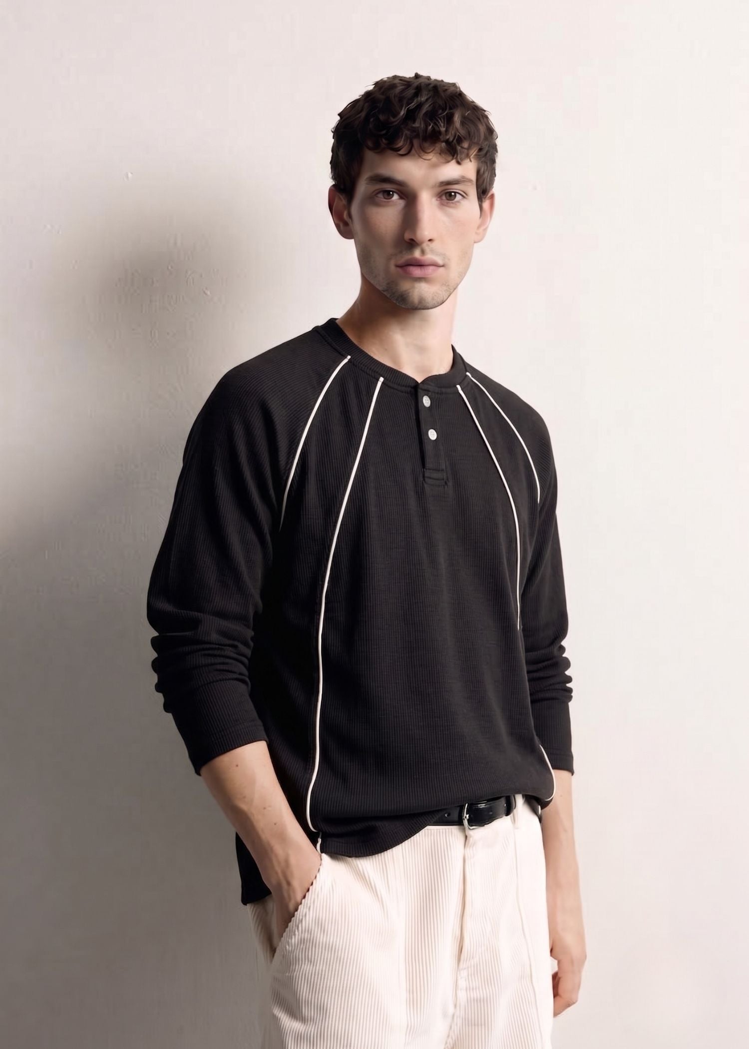 Black Cream Piped Ribbed Henley — Men's Ribbed Henley India | Eagle Ray