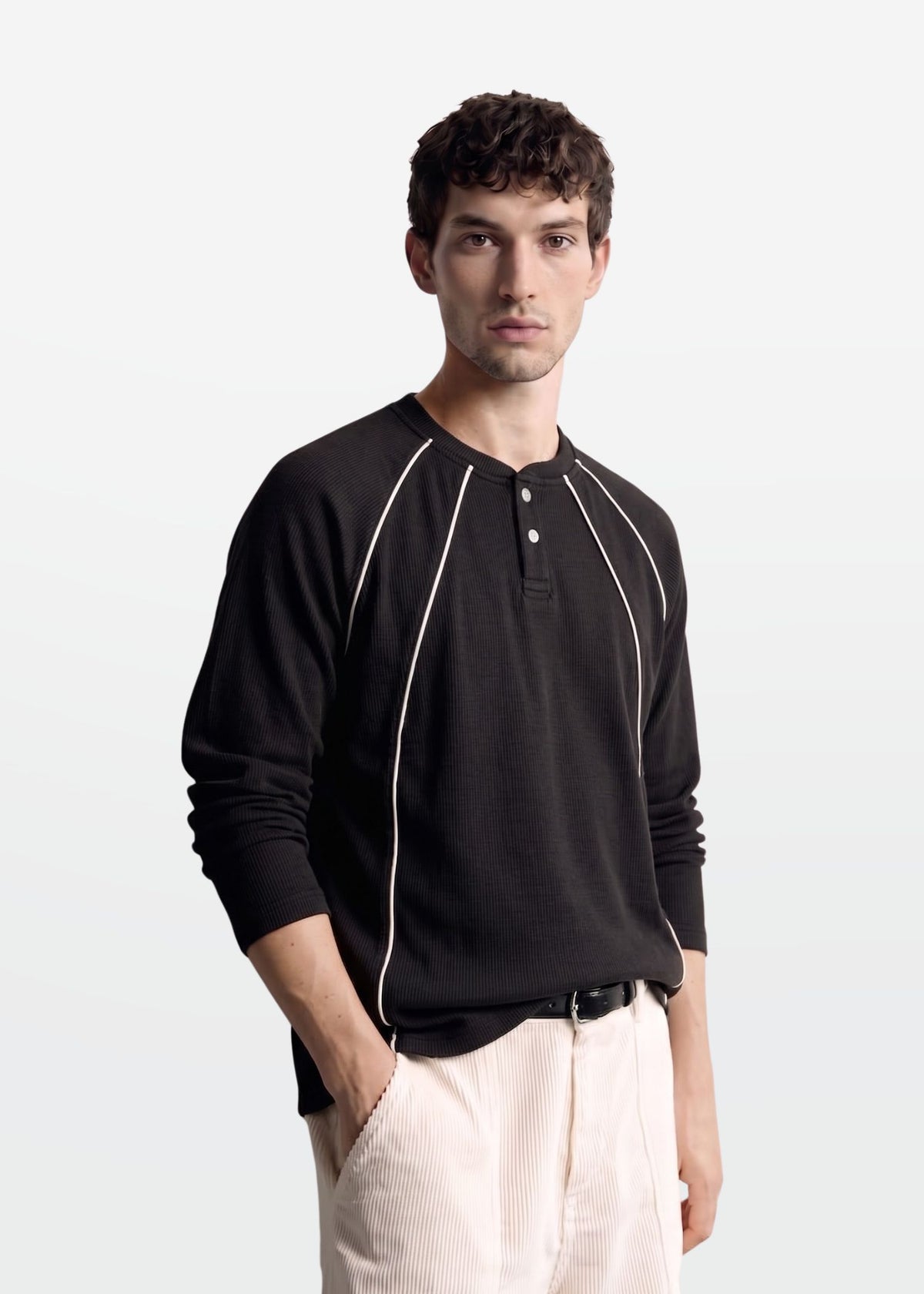 Black Cream Piped Ribbed Henley