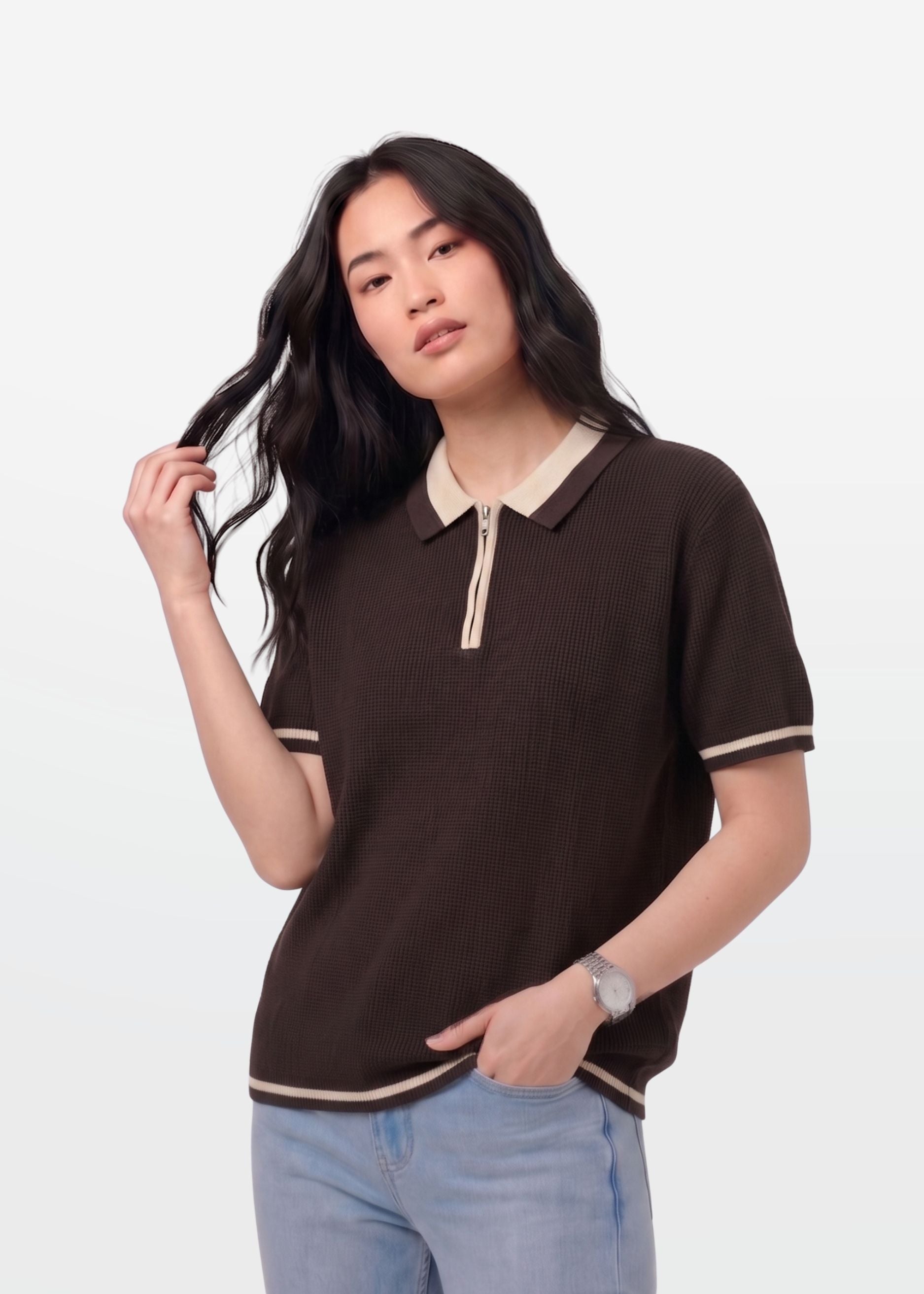 Dark Chocolate Tipped Zip Polo Shirt