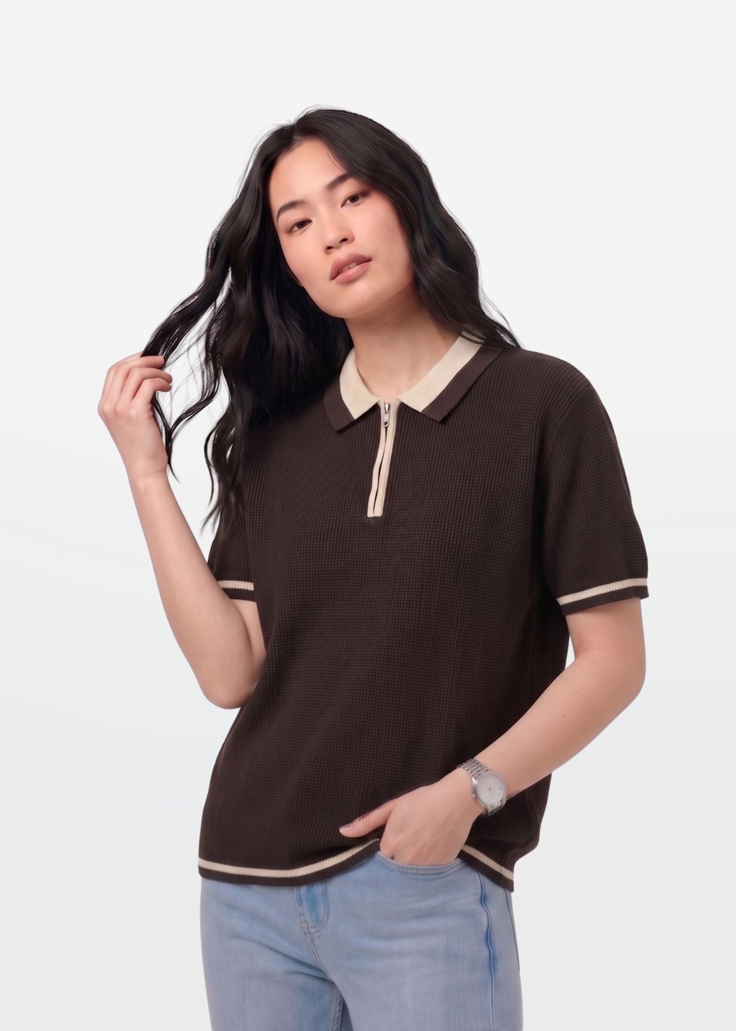 Dark Chocolate Tipped Zip Polo Shirt