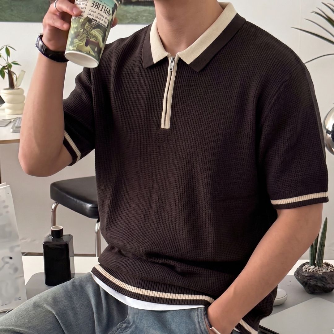 Dark Chocolate Tipped Zip Polo Shirt