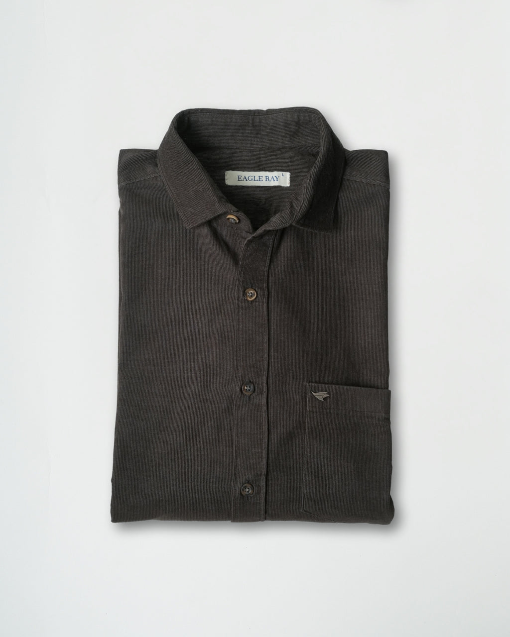 Folded dark gray shirt with brand label on a light gray background
