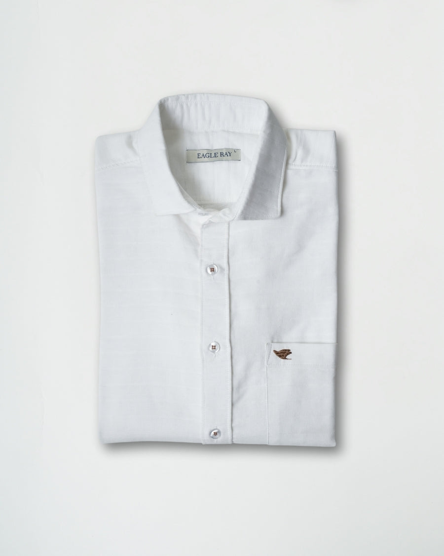 Folded white shirt with a collar on a light gray background