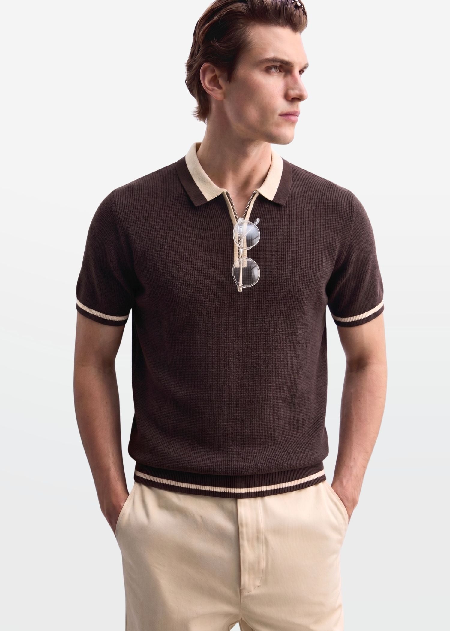 Dark Chocolate Tipped Zip Polo Shirt