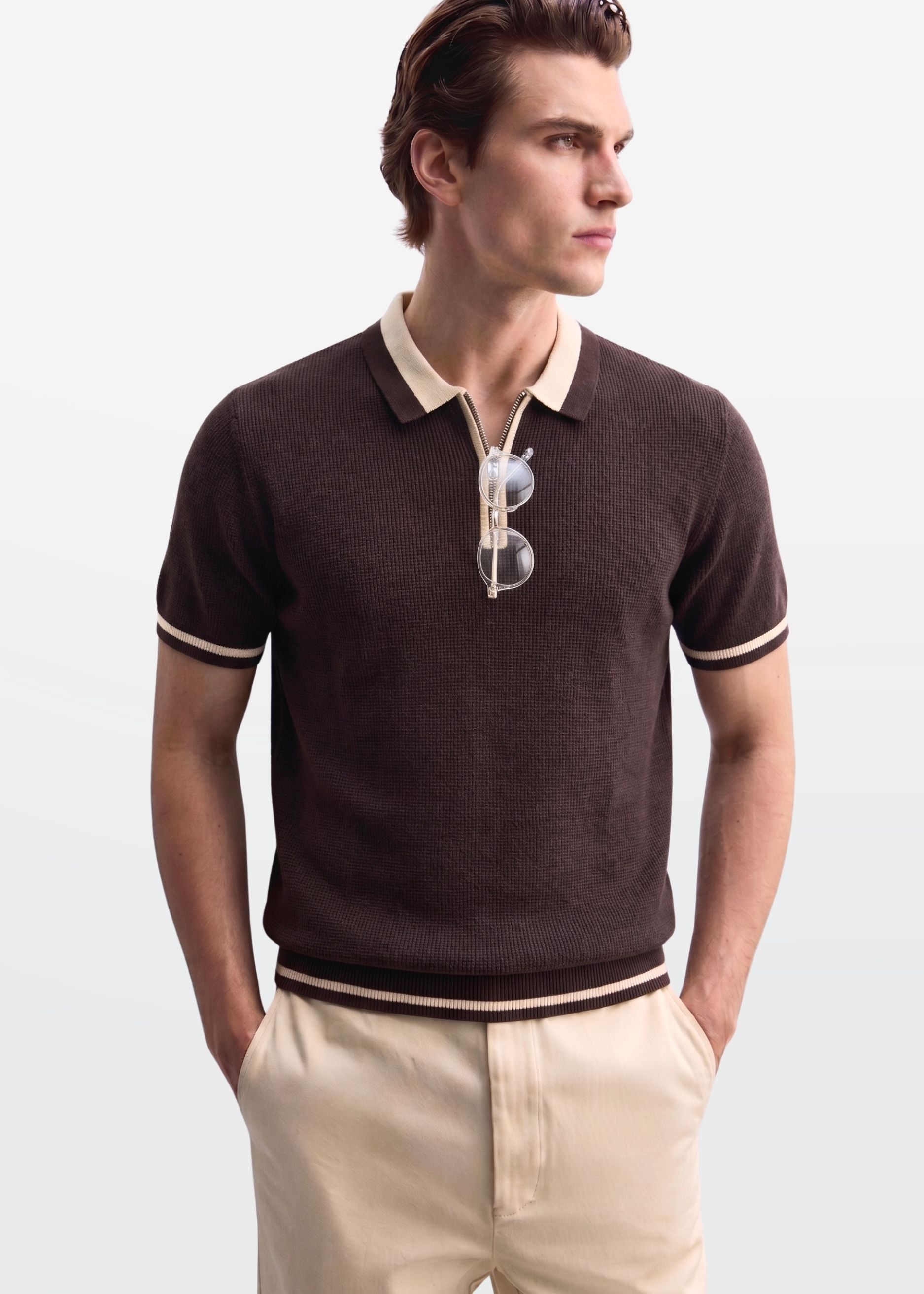 Dark Chocolate Tipped Zip Polo Shirt