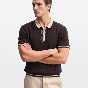 Dark Chocolate Tipped Zip Polo Shirt