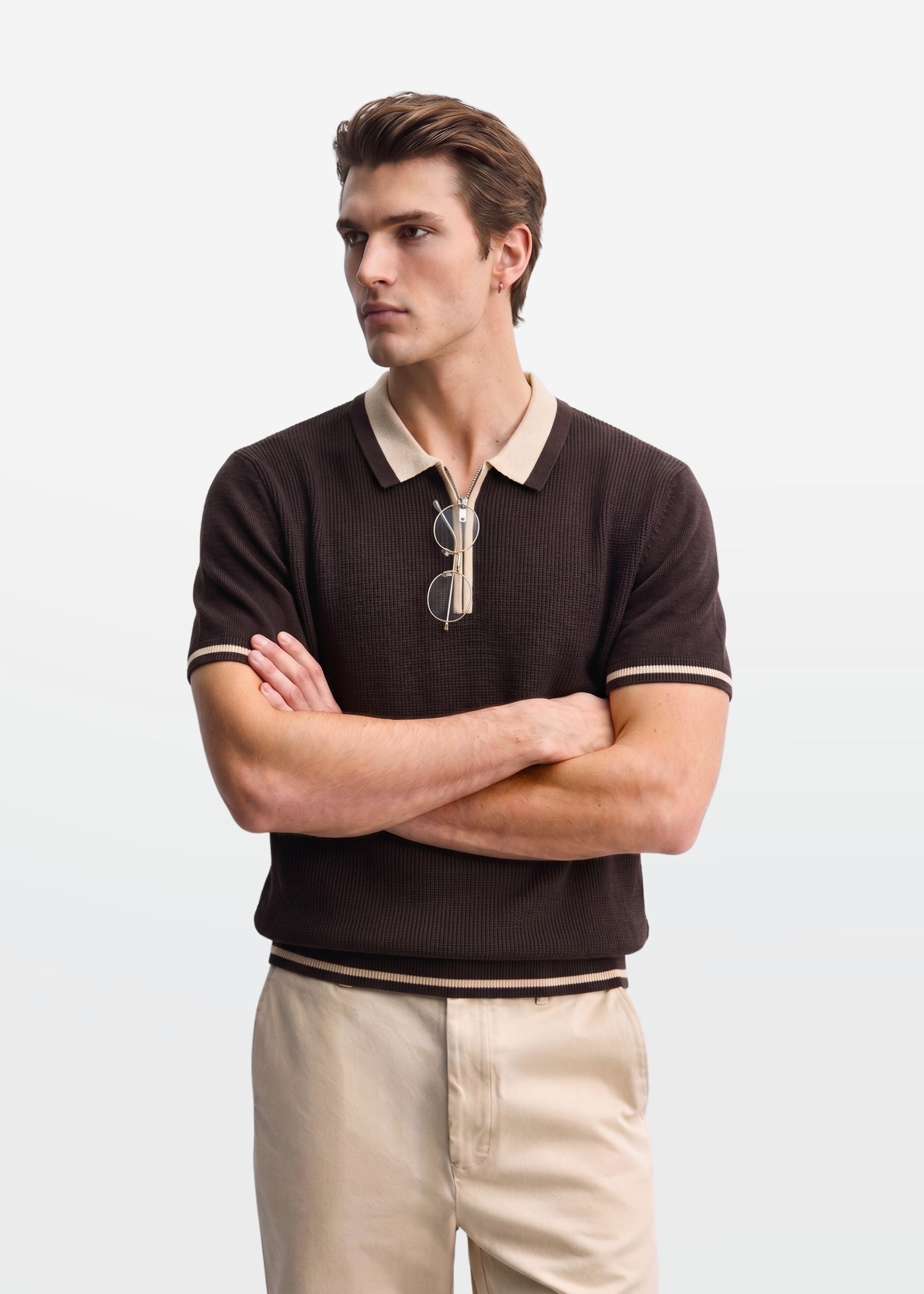 Dark Chocolate Tipped Zip Polo Shirt