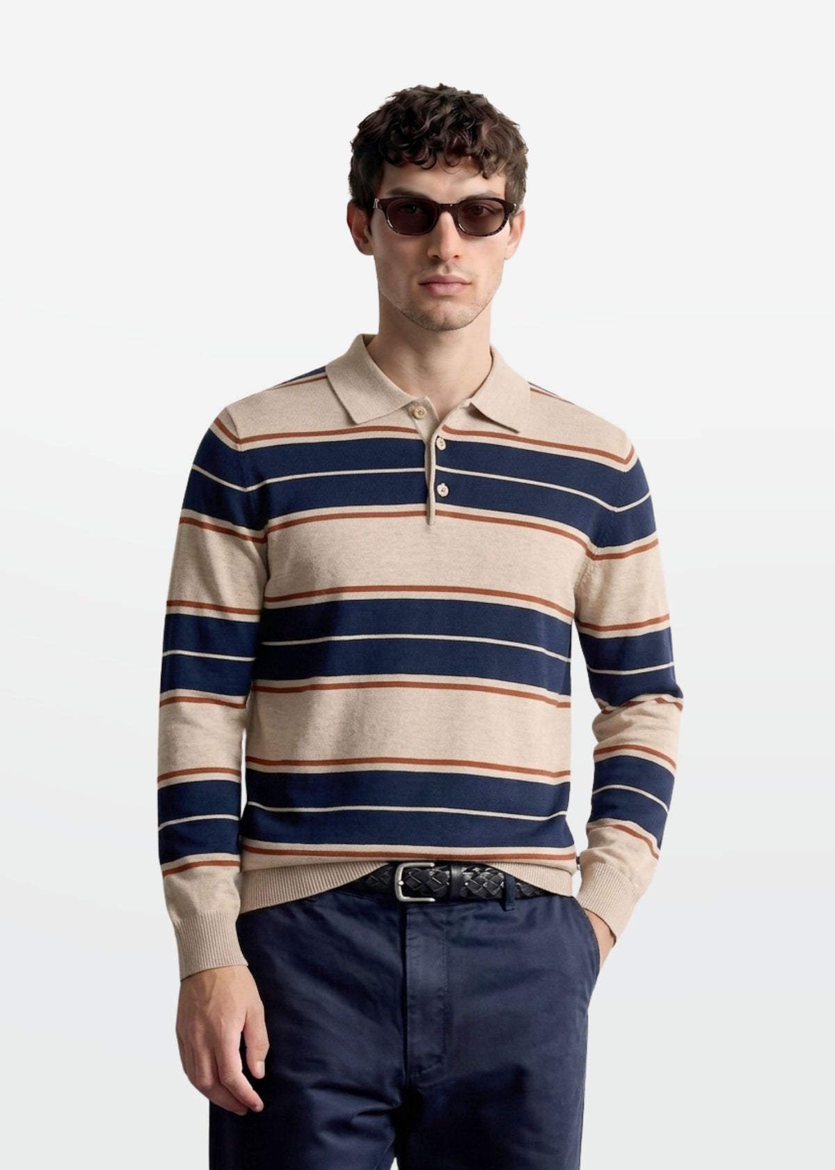 Multi Stripe Polo in Oat Navy