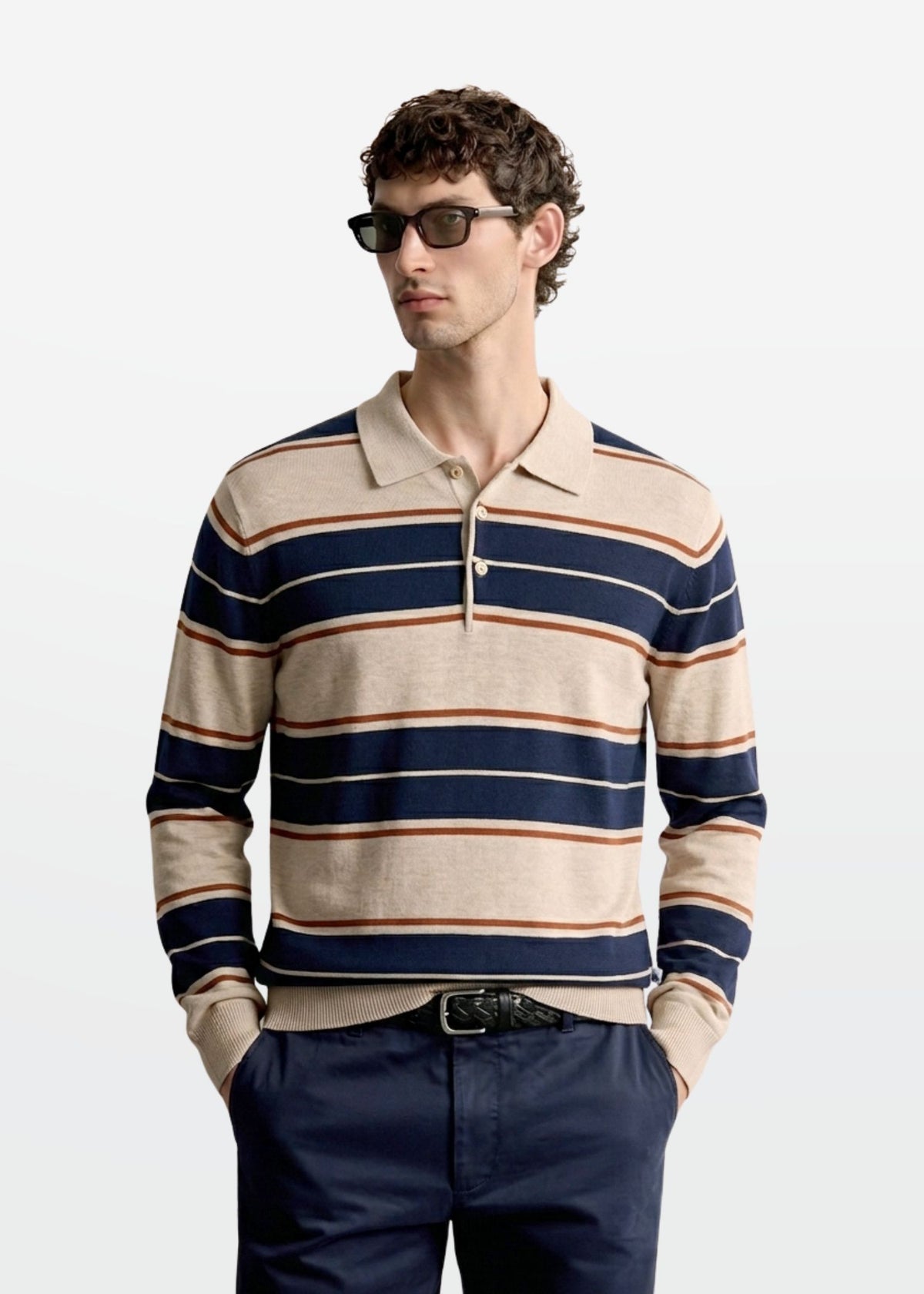 Multi Stripe Polo in Oat Navy