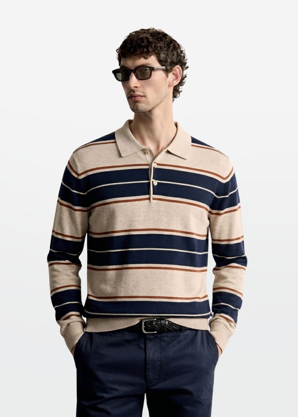 Multi Stripe Polo in Oat Navy — Men's Knit Polo | Eagle Ray