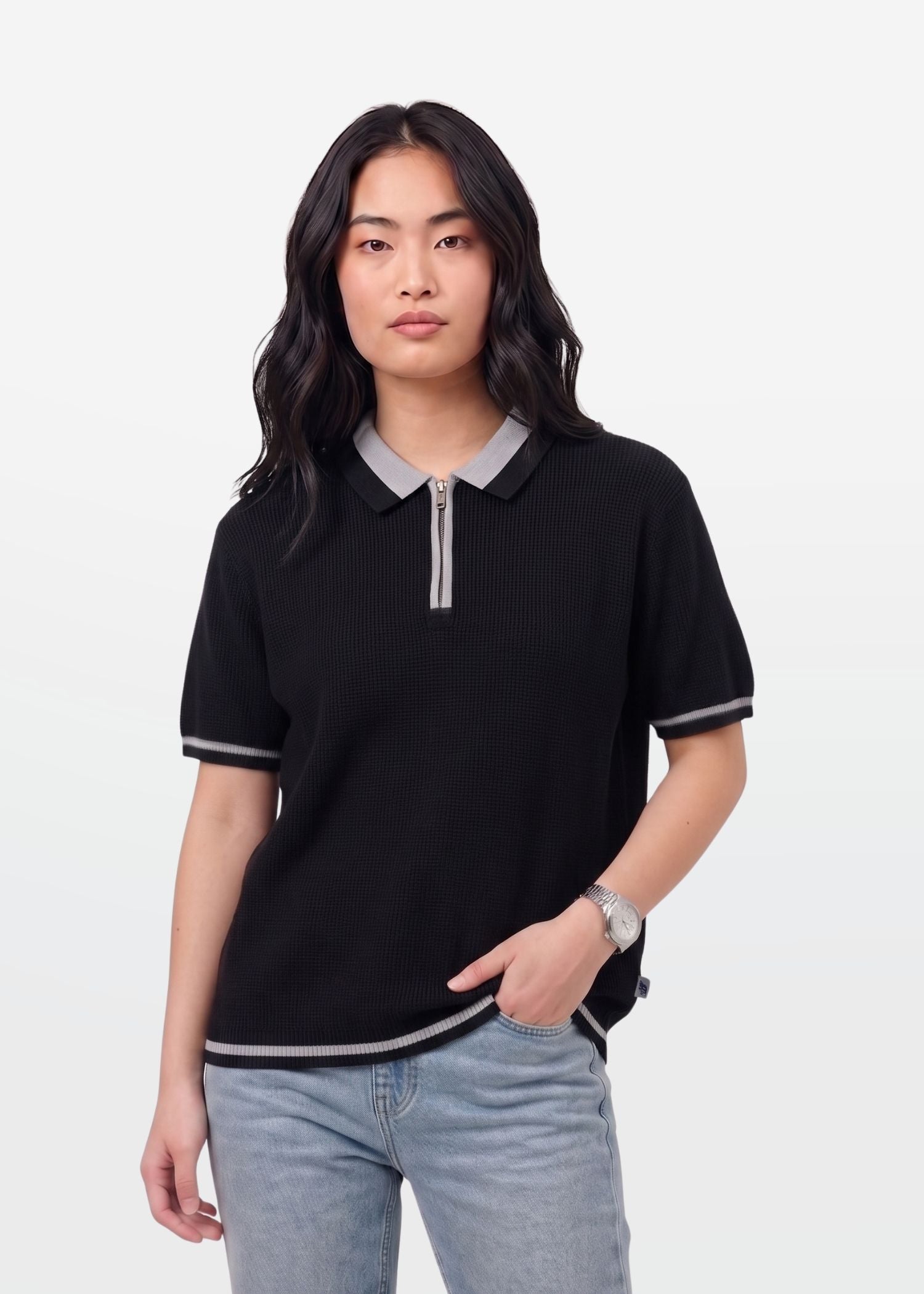Jet Black Tipped Zip Polo Shirt