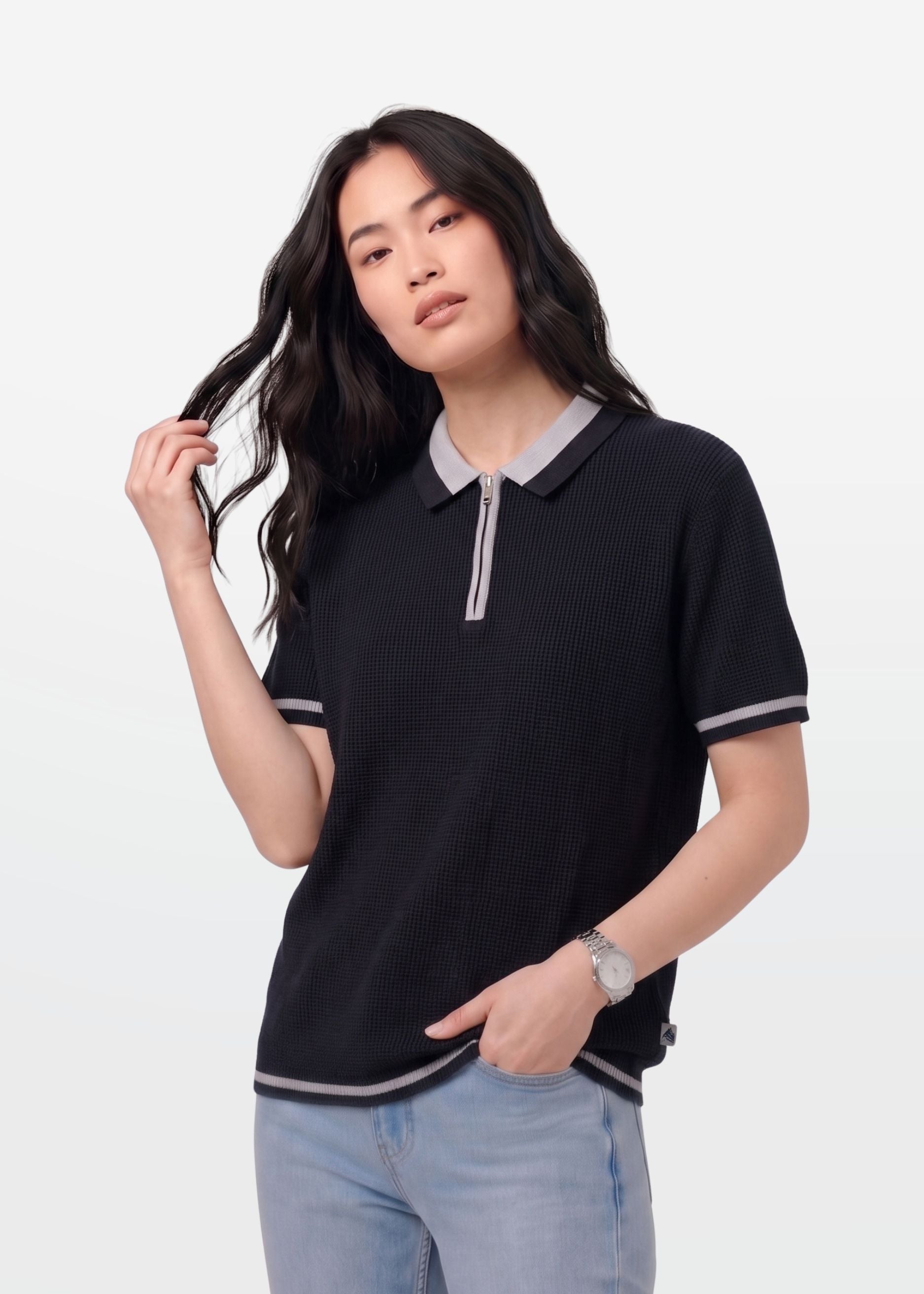 Jet Black Tipped Zip Polo Shirt