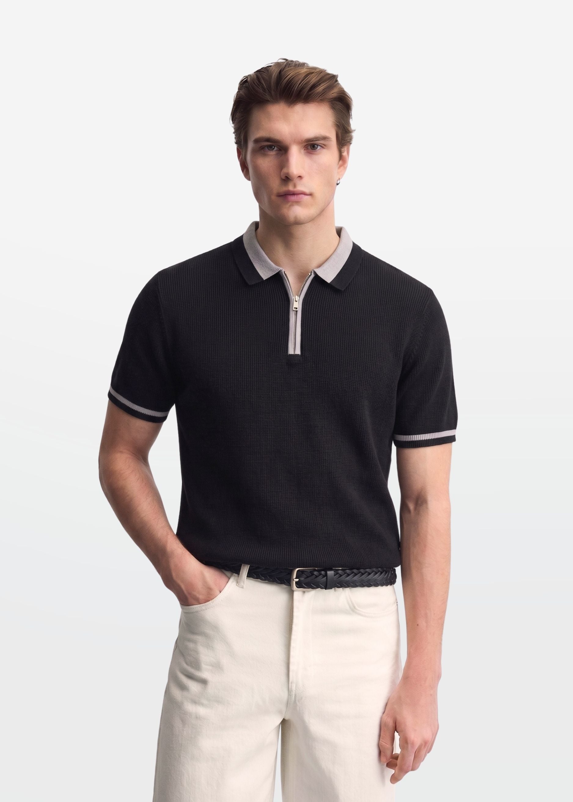 Jet Black Tipped Zip Polo Shirt