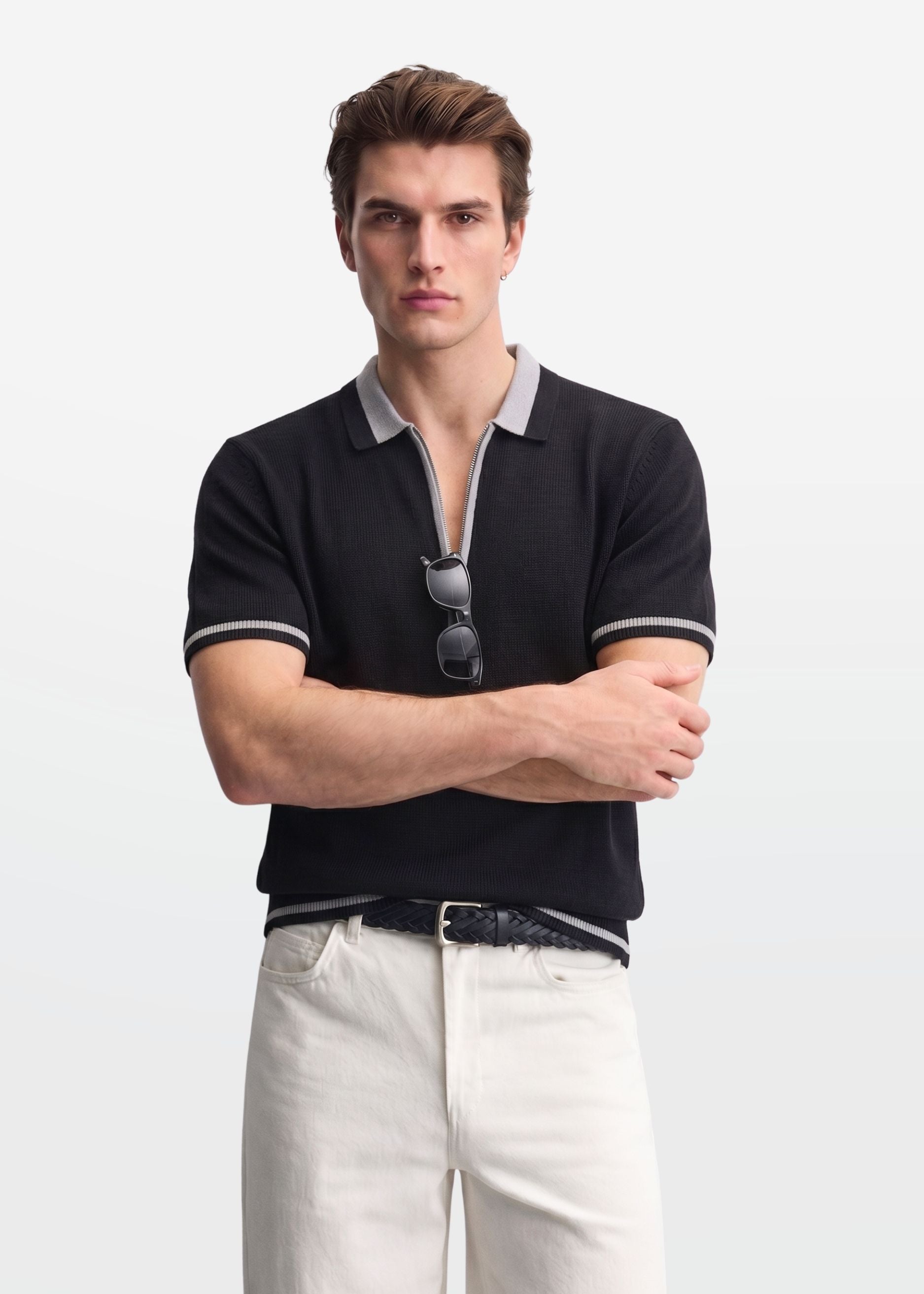 Jet Black Tipped Zip Polo Shirt