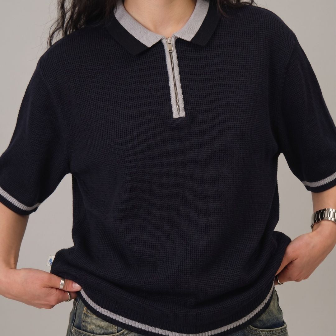 Jet Black Tipped Zip Polo Shirt