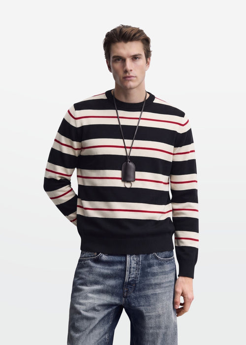 Black Ivory Red Stripe Full Sleeve Knit T-Shirt — Men's Knitwear India | Eagle Ray