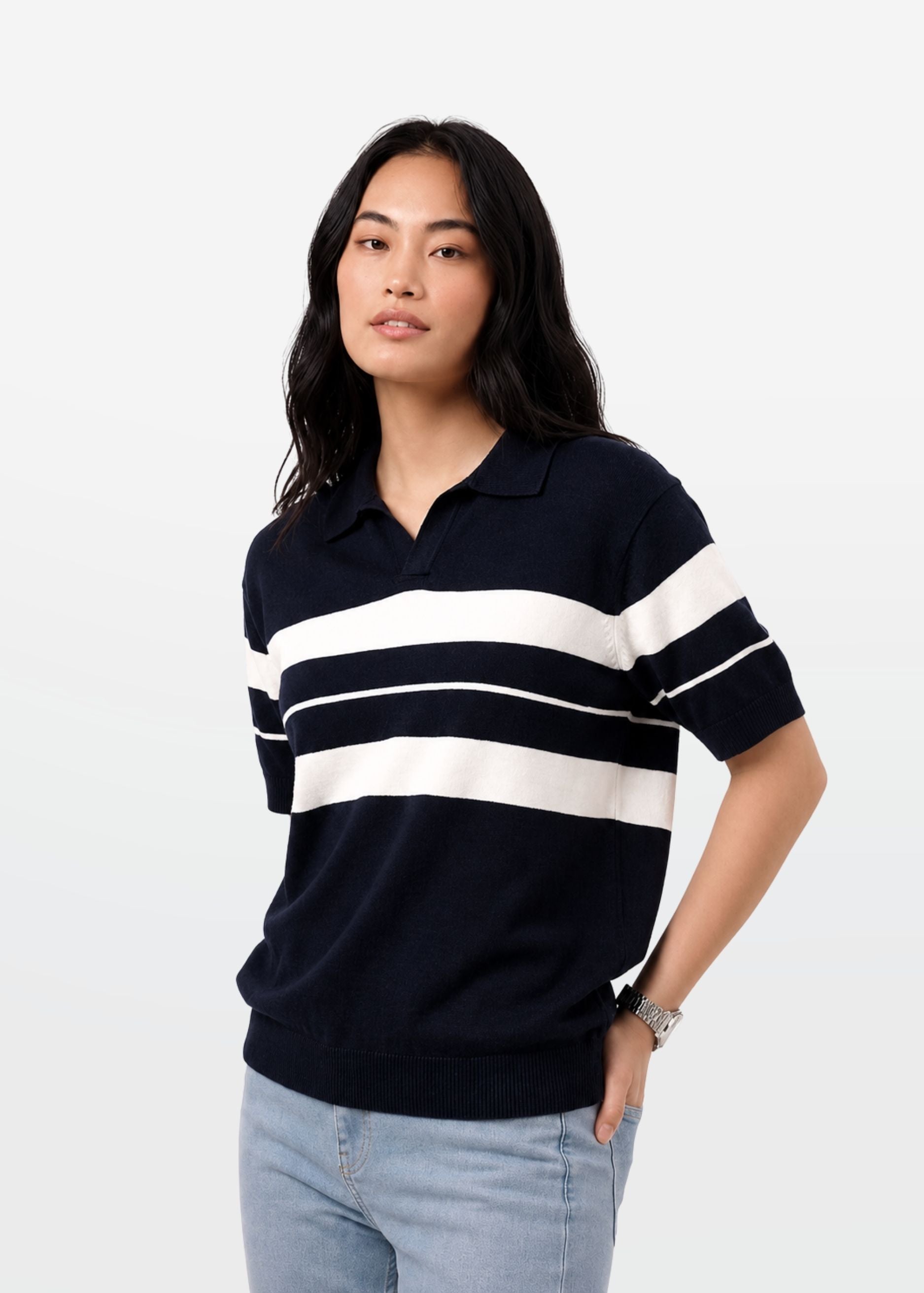 Black Stripe J Collar Knit Polo