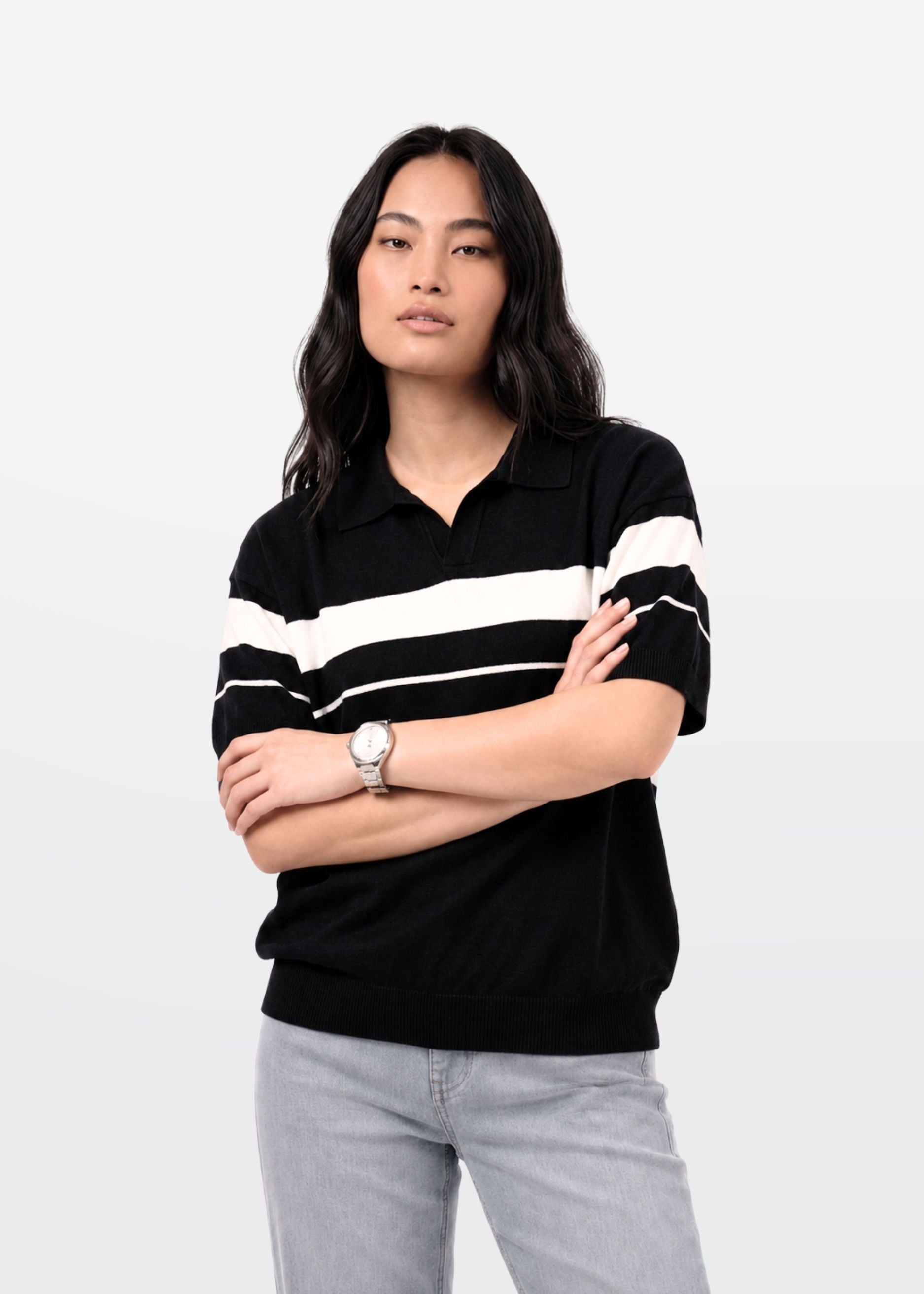 Black Stripe J Collar Knit Polo