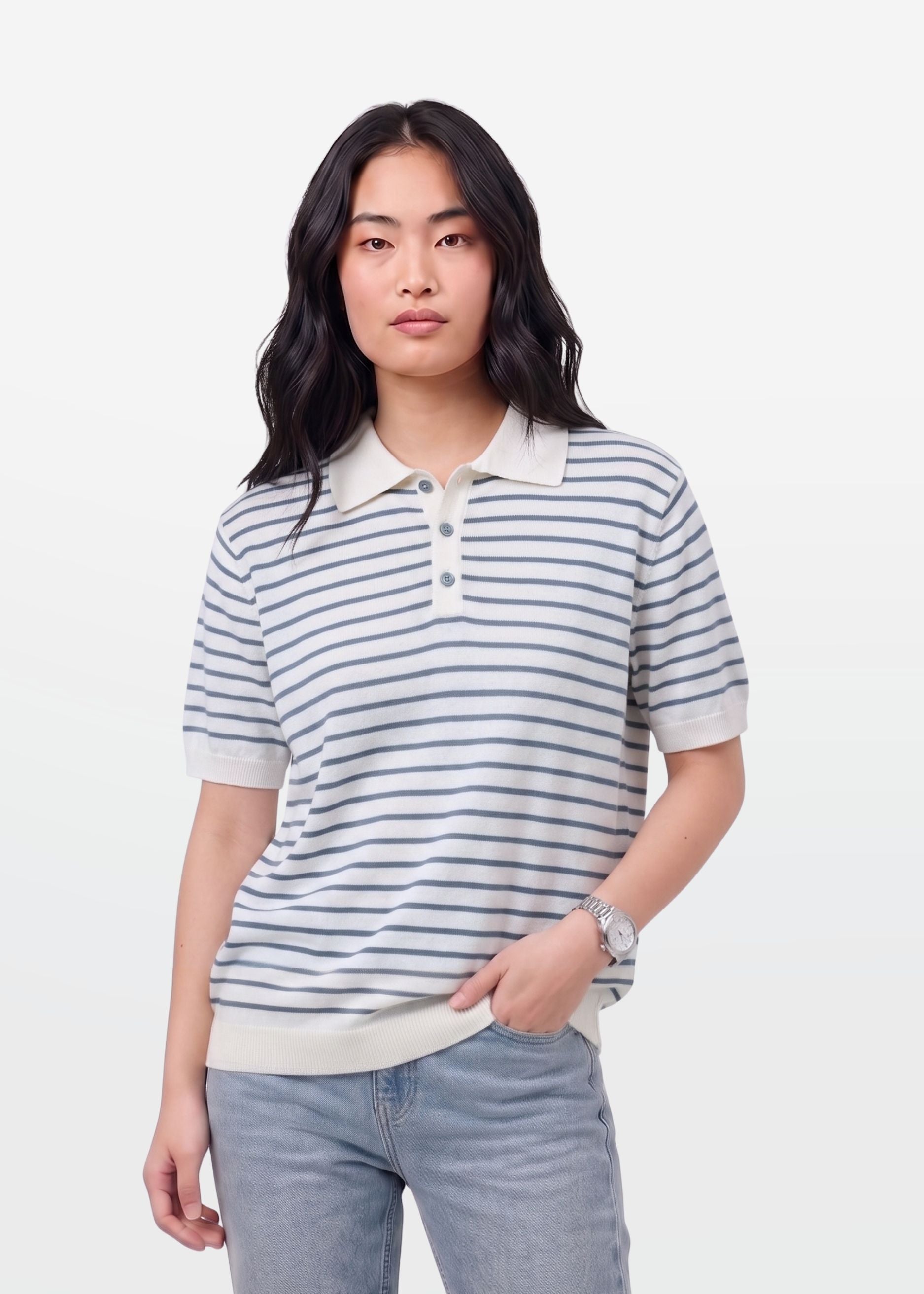 Blue Stripe Knit Polo Shirt