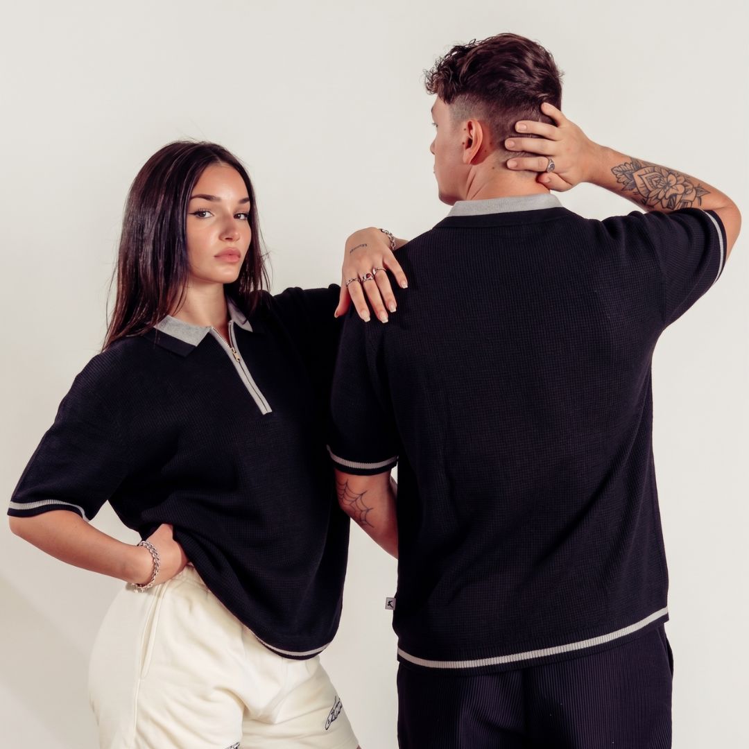 Jet Black Tipped Zip Polo Shirt