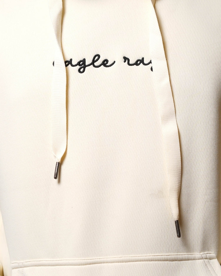 White hoodie with text on the chest against a white background