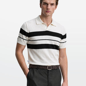 Ivory Stripe J Collar Knit Polo