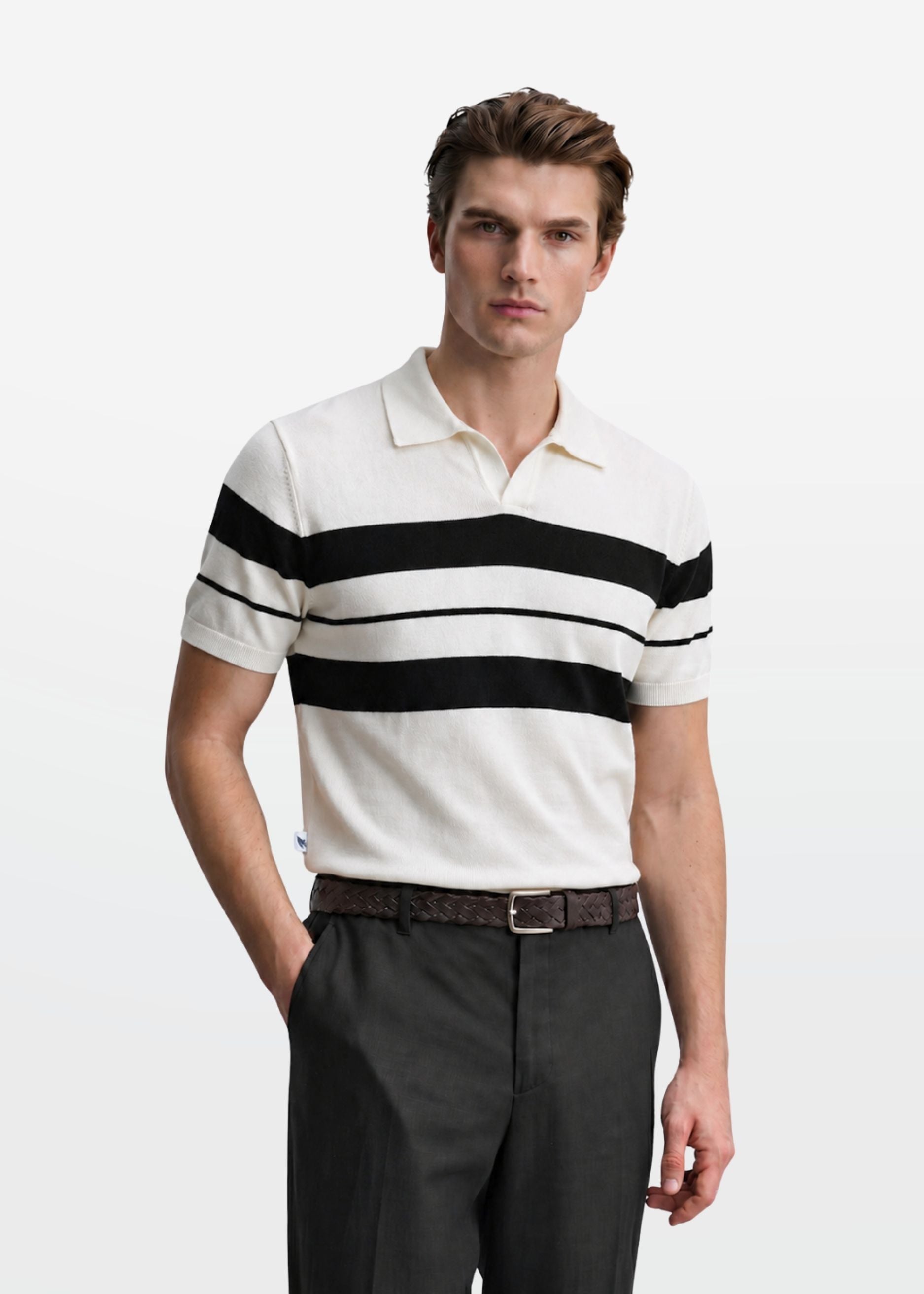 Ivory Stripe J Collar Knit Polo