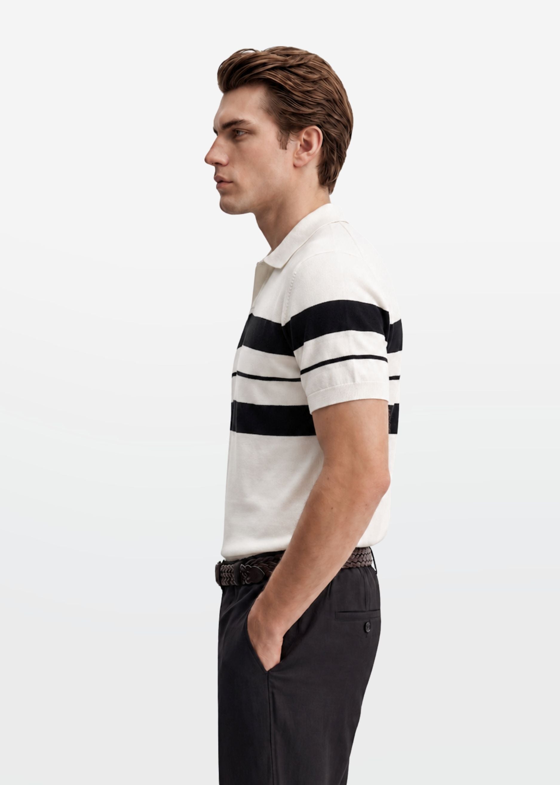 Ivory Stripe J Collar Knit Polo