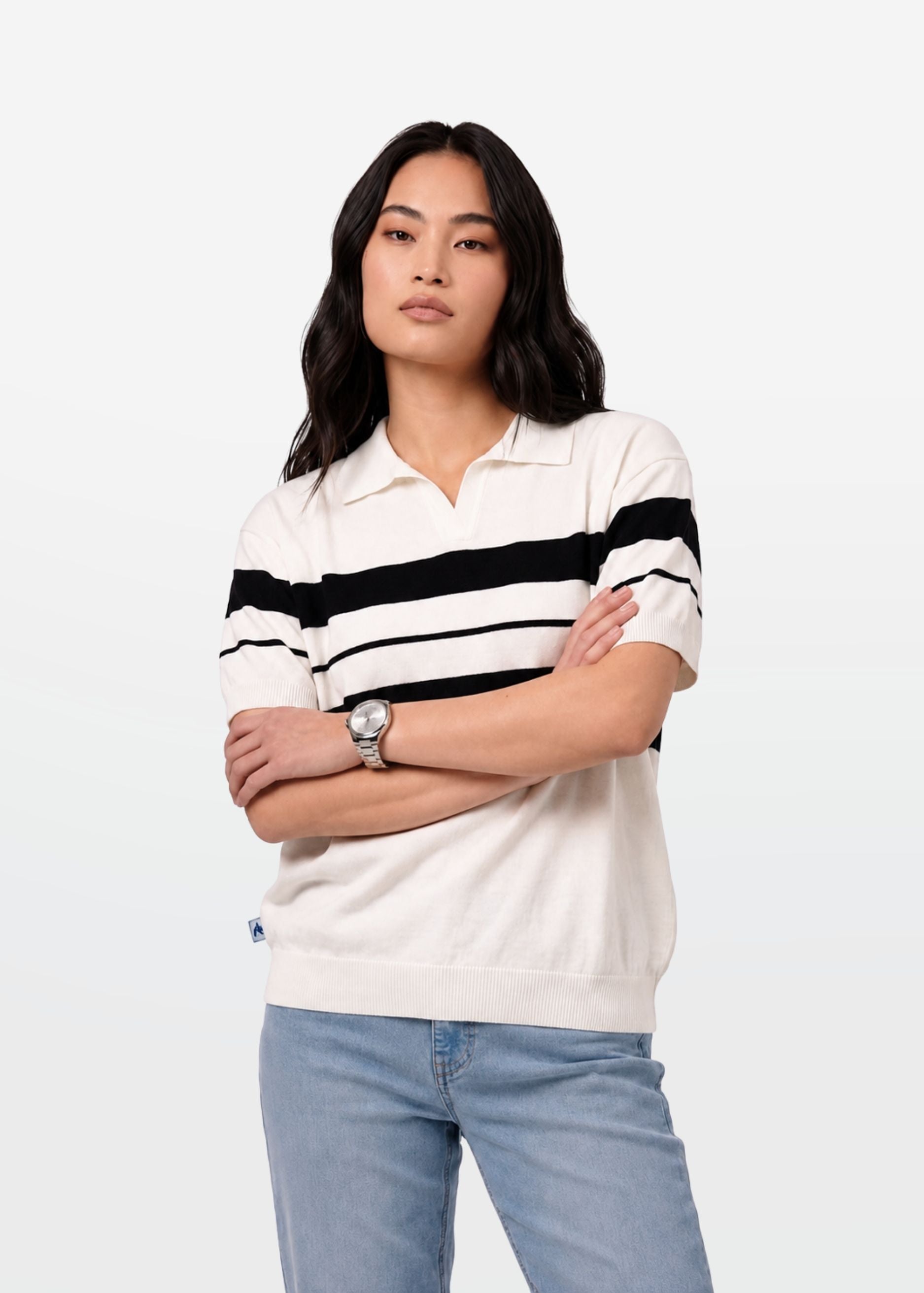 Ivory Stripe J Collar Knit Polo
